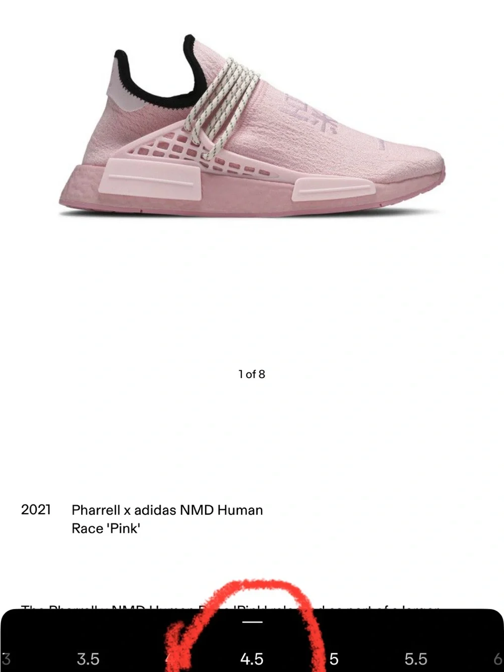 Pharrell X Addidas NMD Human Race ’ Pink’ BG Size 4.5